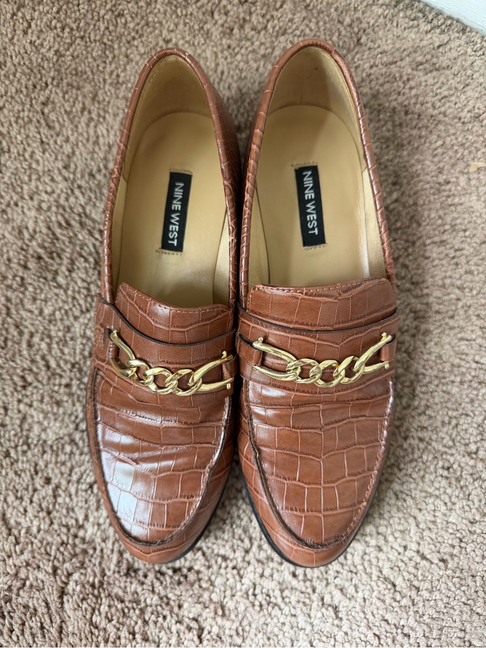 Nine West Brown Croc-Embossed Loafers with Gold Chain